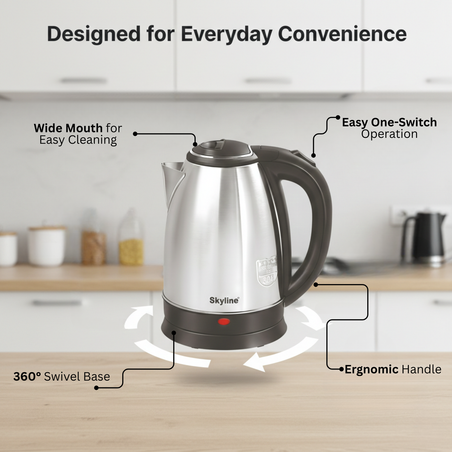 Skyline 1.8L Electric Kettle, 1500W Rapid Heating, Silver - Black, Stainless Steel, Automatic Cut-off