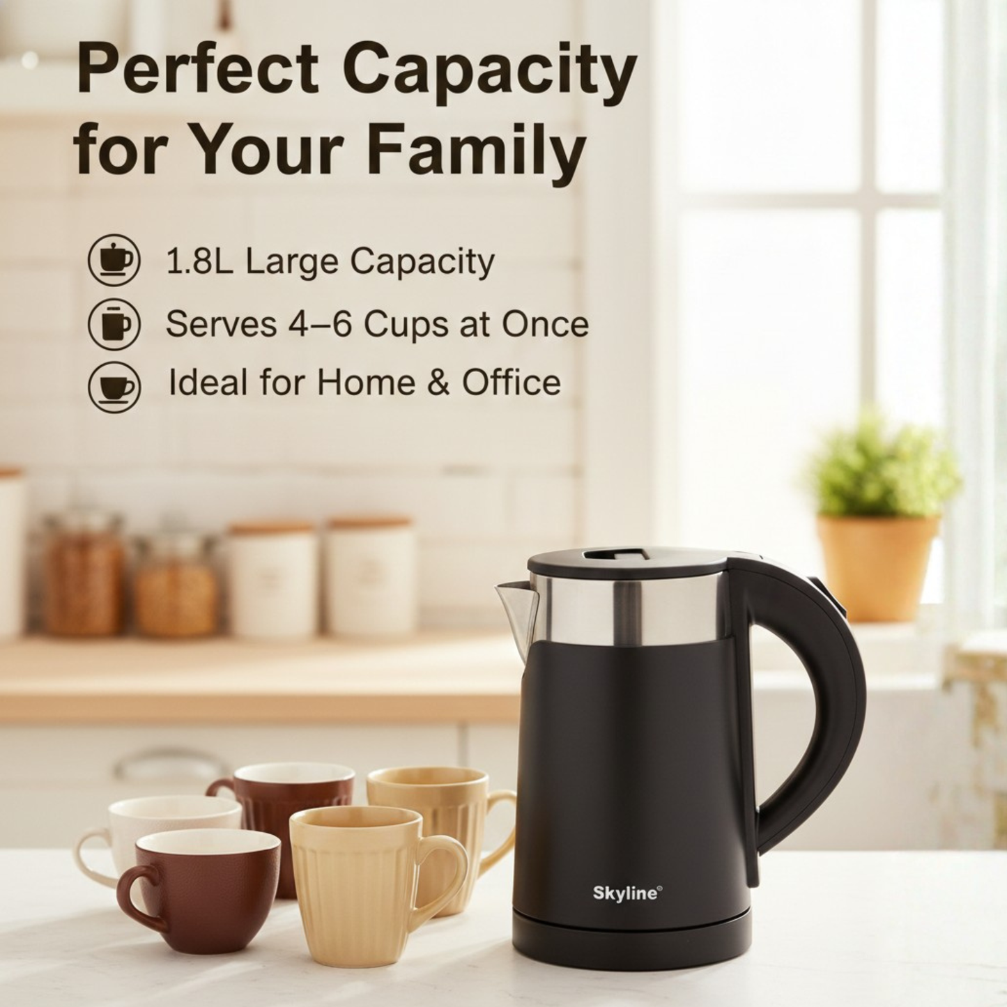 Skyline Double Wall Electric Kettle 1000W 1 Litre – Compact, Safe, and Efficient Boiling