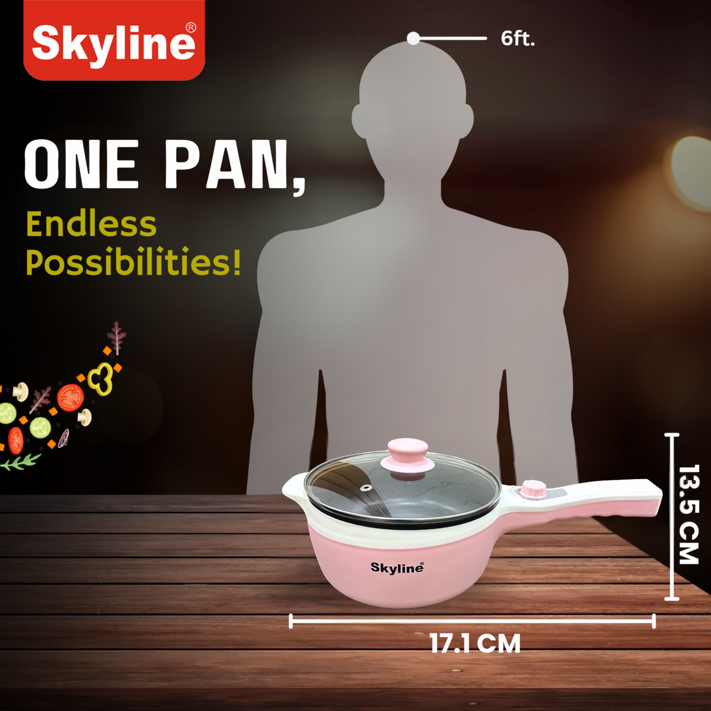 Skyline Multifunction Electric Pan, Adjustable 600-1500W, Versatile Cooking Tool