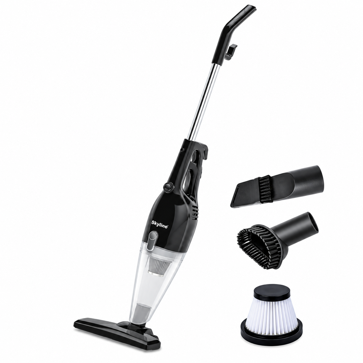 Skyline VTL-1050 800W 2-in-1 stick and handheld vacuum cleaner with HEPA filter and accessories on white background