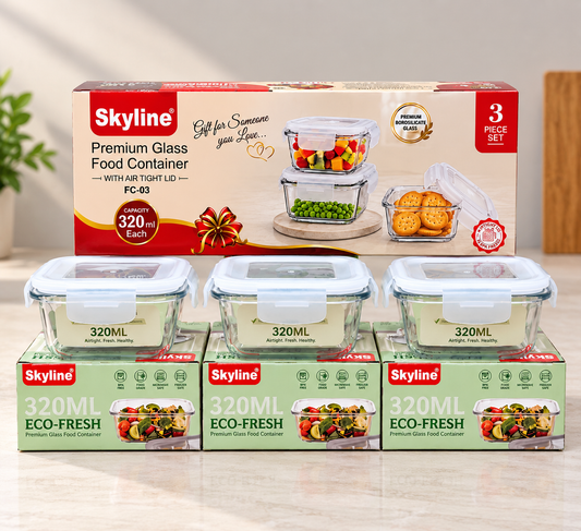 Skyline FC-03 Premium Glass Food Containers with Airtight Lids – Set of 3, 320 ml Each