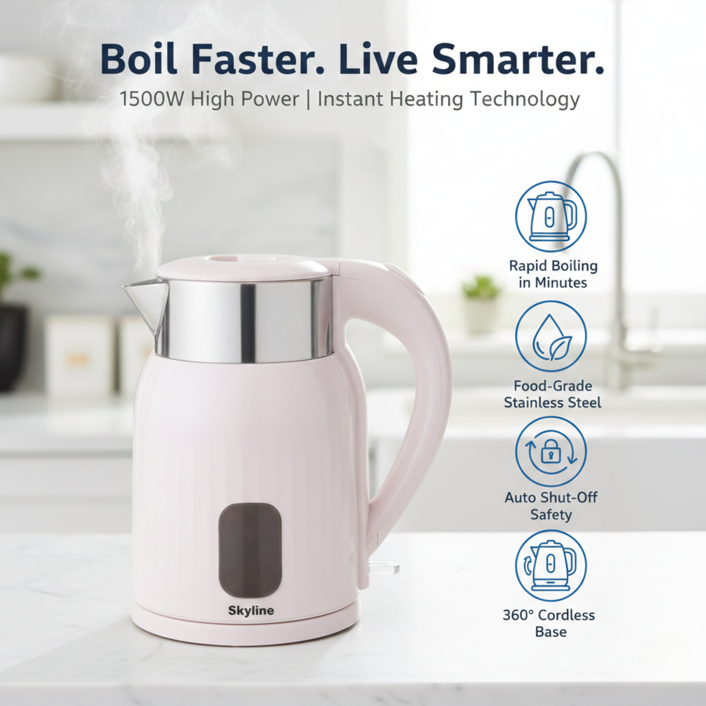 Skyline 1.8L Double Wall Electric Kettle, 1500W – Fast Boiling & Safety Enhanced