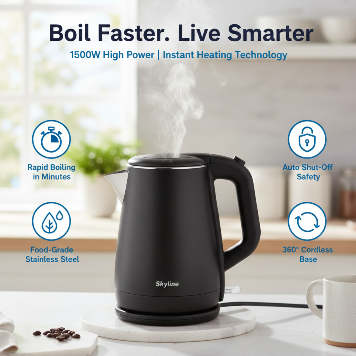 Skyline Double Wall Electric Kettle | 1.5 L Capacity | 1500W Fast Boil