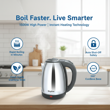 Skyline 1.8L Electric Kettle, 1500W High Capacity, Silver