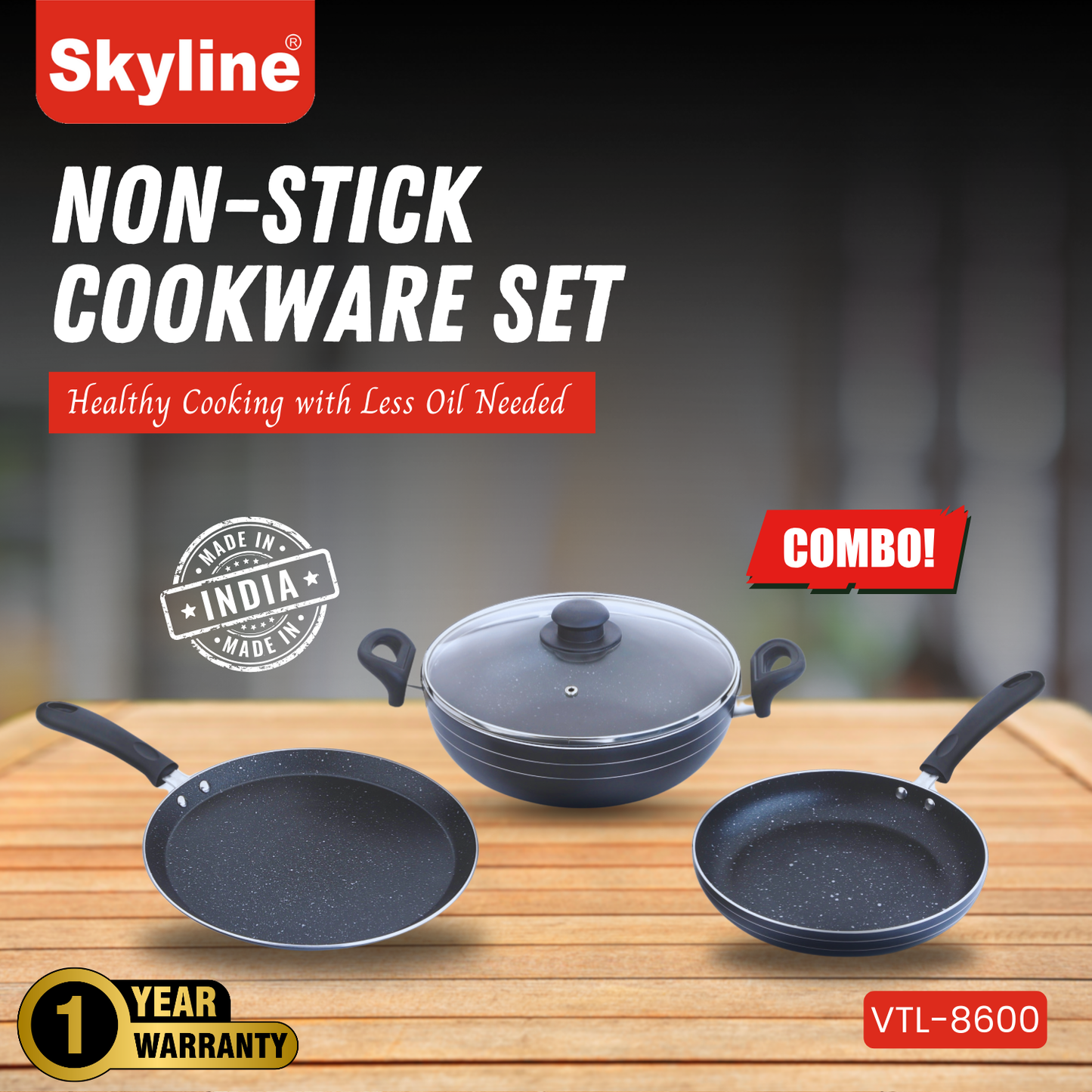 Skyline Non-Stick Cookware Set, 220mm Frying Pan, 250mm Dosa Tawa & 220mm Kadhai