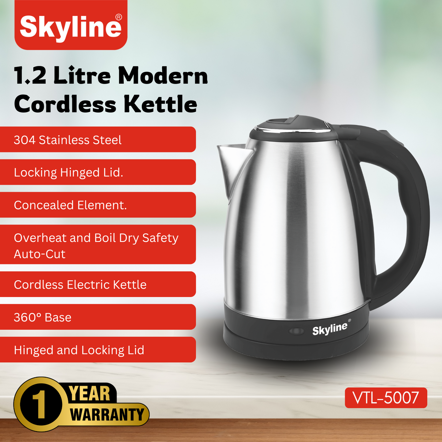 Electric Kettle Skyline 1.2L , 1500W Rapid Heating, Silver - Black, Stainless Steel, Automatic Cut-off - Skyline Appliances