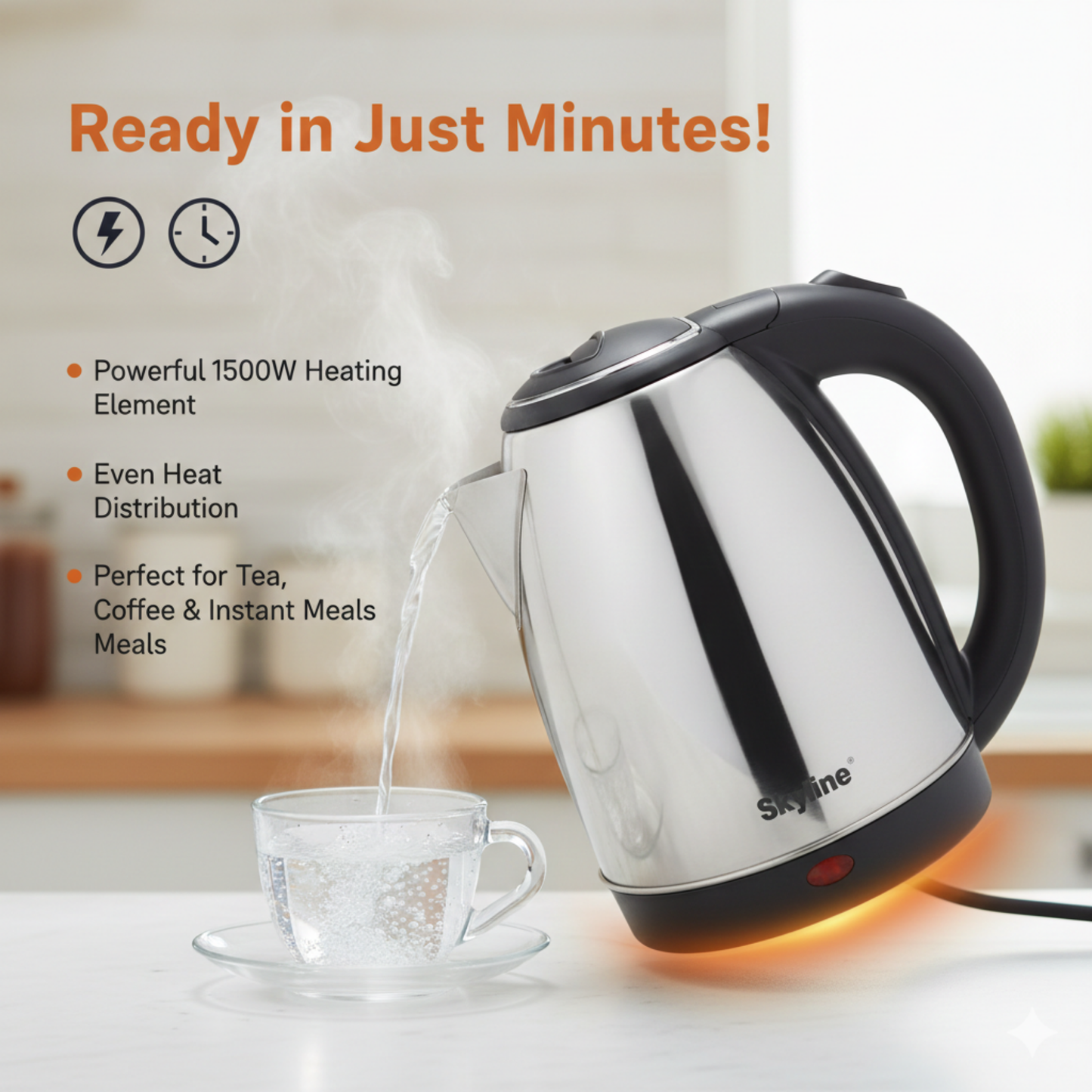 Skyline 1.8L Electric Kettle, 1500W High Capacity, Silver