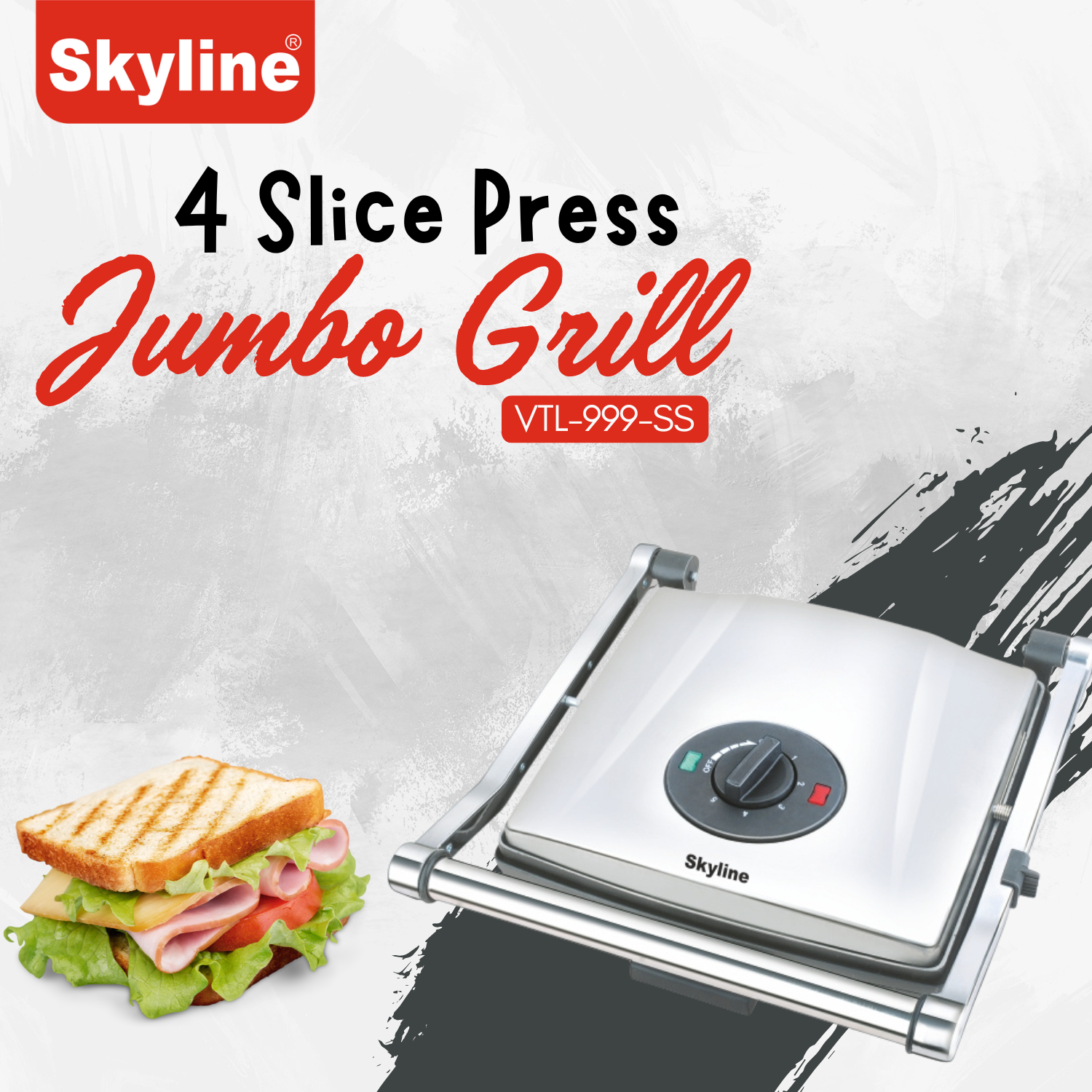Electric Griller Skyline 2000W 4-Slice with Non-Stick Ribbed Plates & Auto-Cut Function - Skyline Appliances