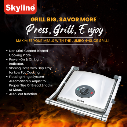 Electric Griller Skyline 2000W 4-Slice with Non-Stick Ribbed Plates & Auto-Cut Function - Skyline Appliances
