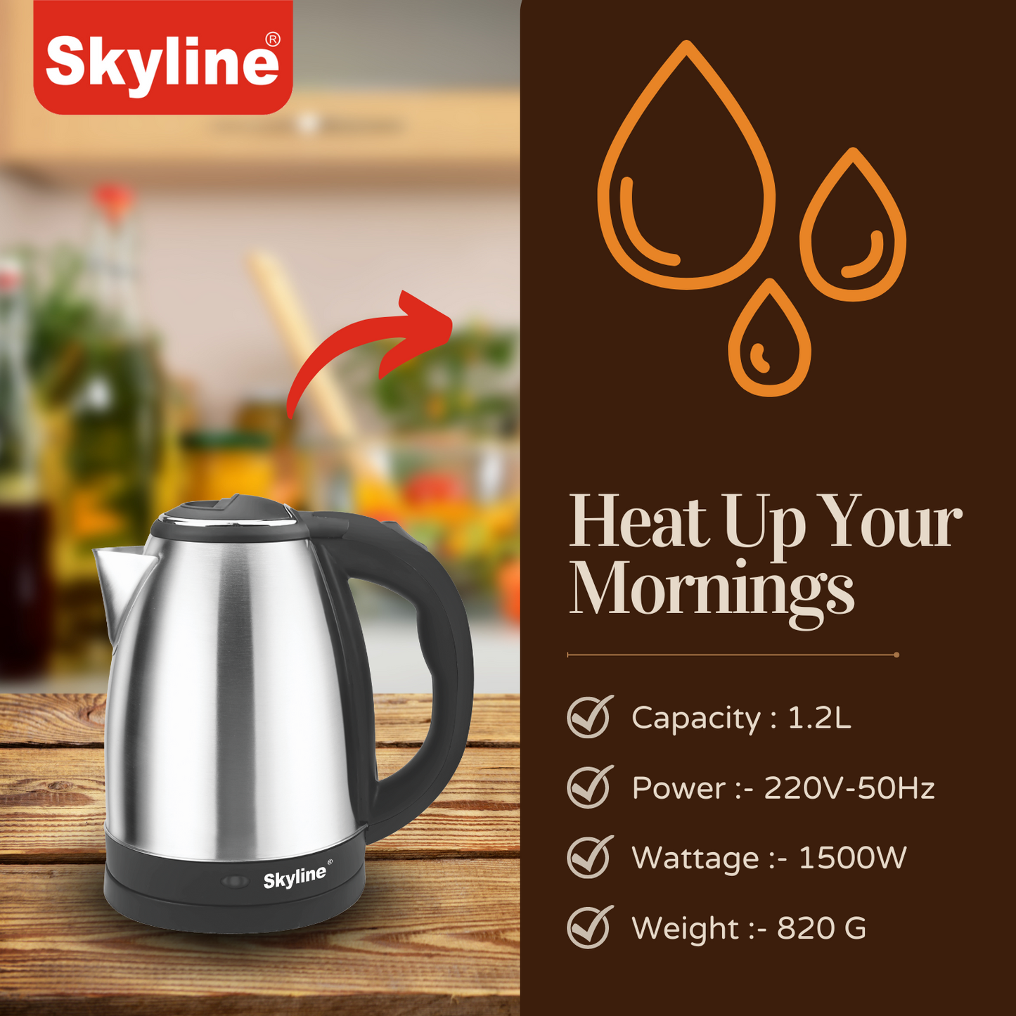 Electric Kettle Skyline 1.2L , 1500W Rapid Heating, Silver - Black, Stainless Steel, Automatic Cut-off - Skyline Appliances