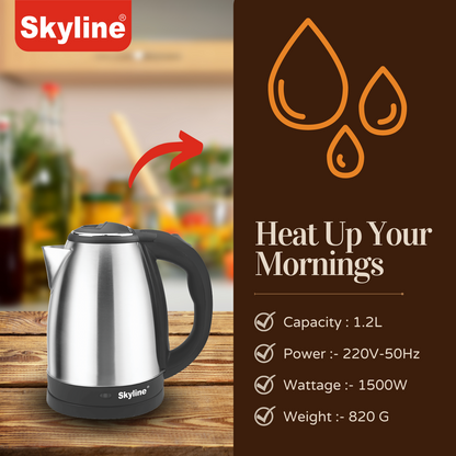 Electric Kettle Skyline 1.2L , 1500W Rapid Heating, Silver - Black, Stainless Steel, Automatic Cut-off - Skyline Appliances
