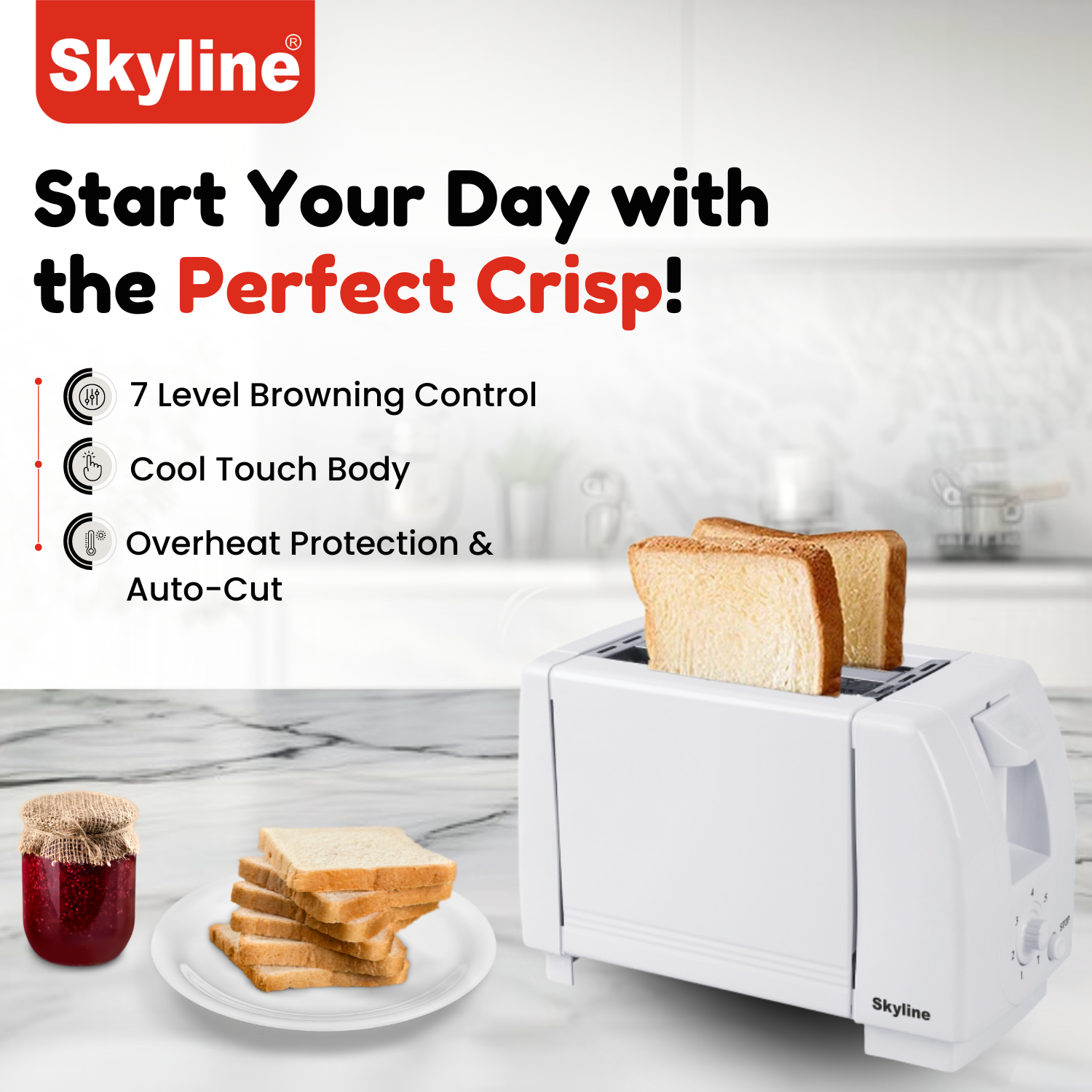 Skyline 750W 2-Slice Pop-Up Toaster with 7 Browning Levels & Cool Touch Body - Skyline Appliances