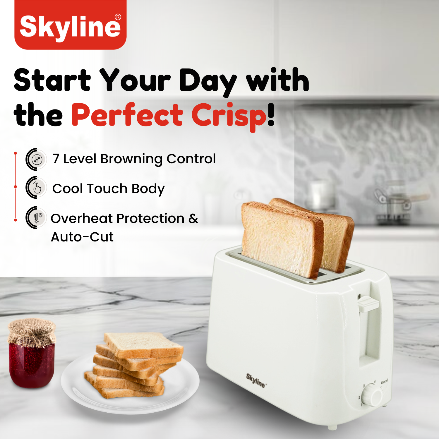 Skyline 750W 2-Slice Pop-Up Toaster with 7 Browning Levels & Cool Touch Body - Skyline Appliances
