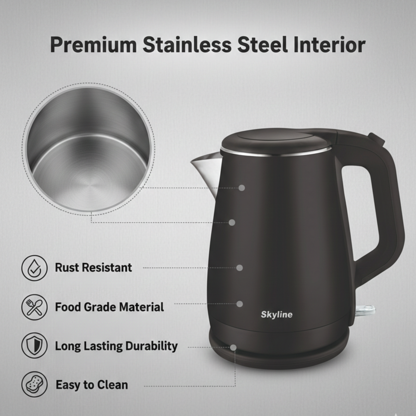 Skyline Double Wall Electric Kettle | 1.5 L Capacity | 1500W Fast Boil