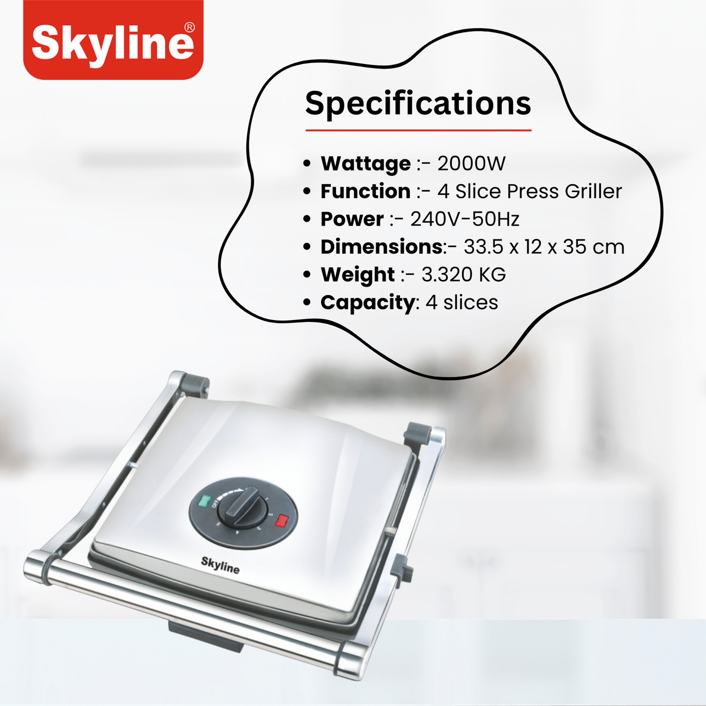 Electric Griller Skyline 2000W 4-Slice with Non-Stick Ribbed Plates & Auto-Cut Function - Skyline Appliances