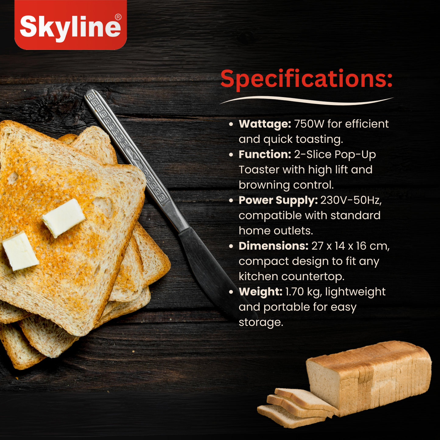 Skyline 750W 2-Slice Pop-Up Toaster with 7 Browning Levels & Cool Touch Body - Skyline Appliances
