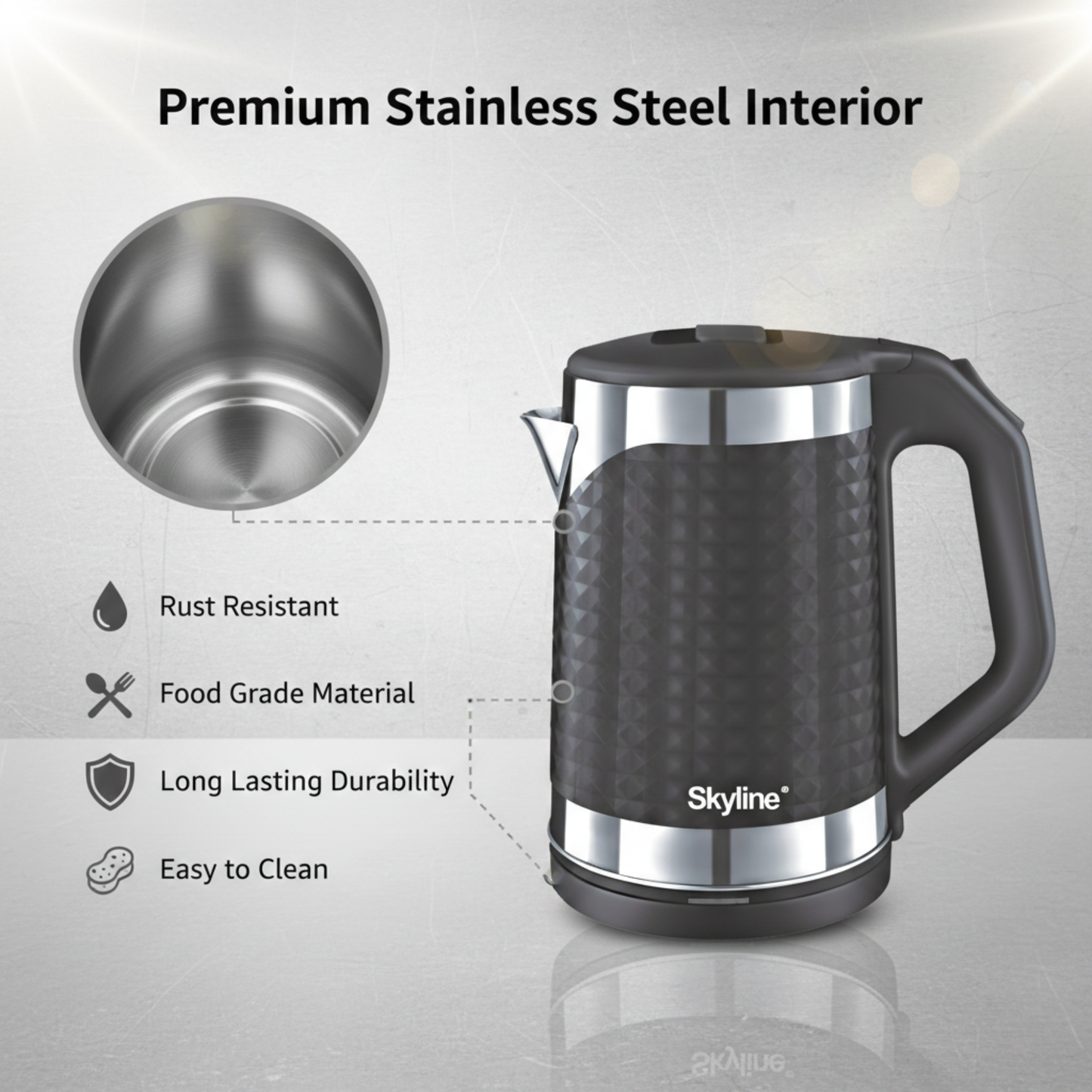 Skyline Double Wall Electric Kettle 1500W 1.8L – Efficient Boiling with Enhanced Safety