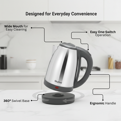 Skyline 1.8L Electric Kettle, 1500W High Capacity, Silver