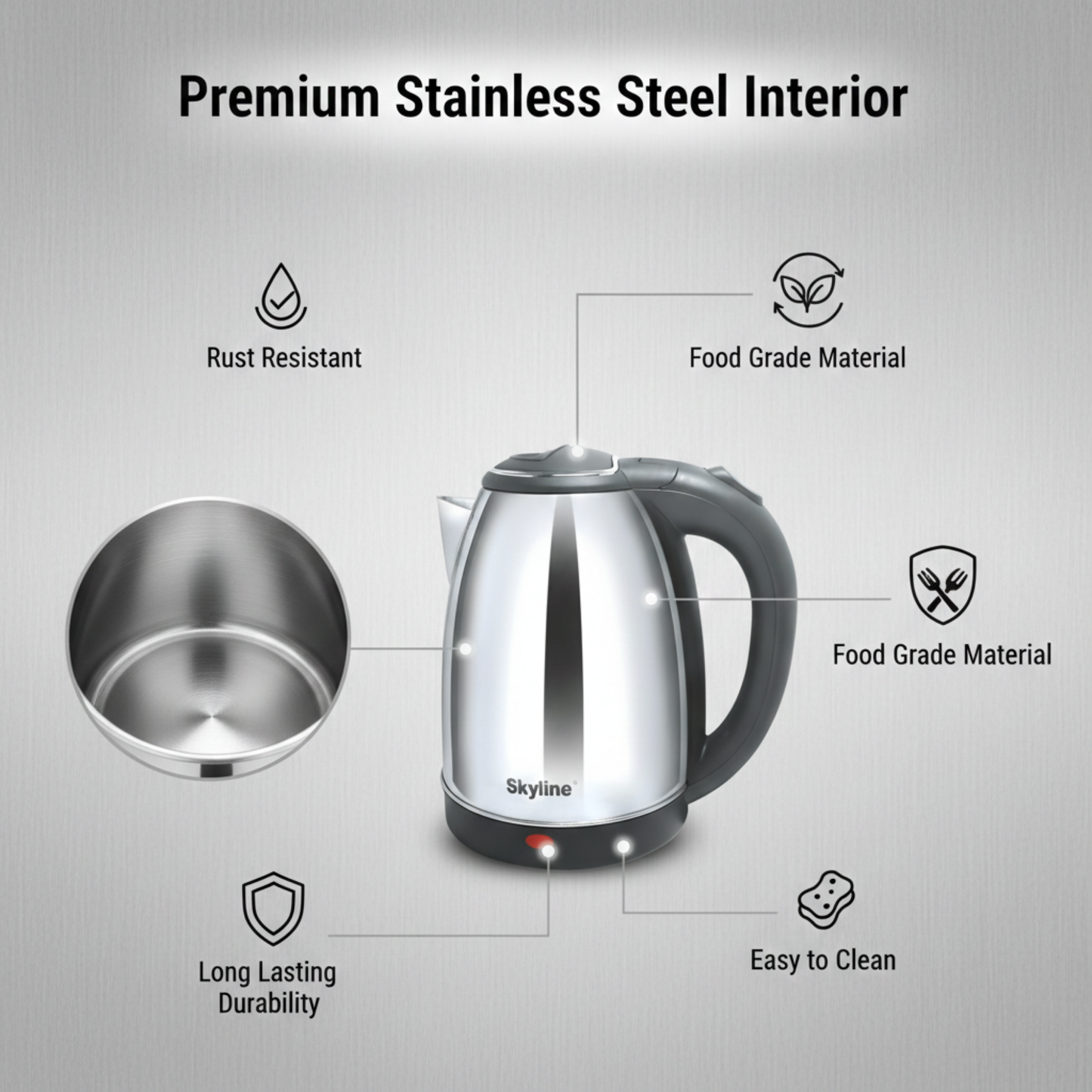 Skyline 1.8L Electric Kettle, 1500W High Capacity, Silver