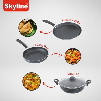 Skyline Non-Stick Cookware Set, 220mm Frying Pan, 250mm Dosa Tawa & 220mm Kadhai
