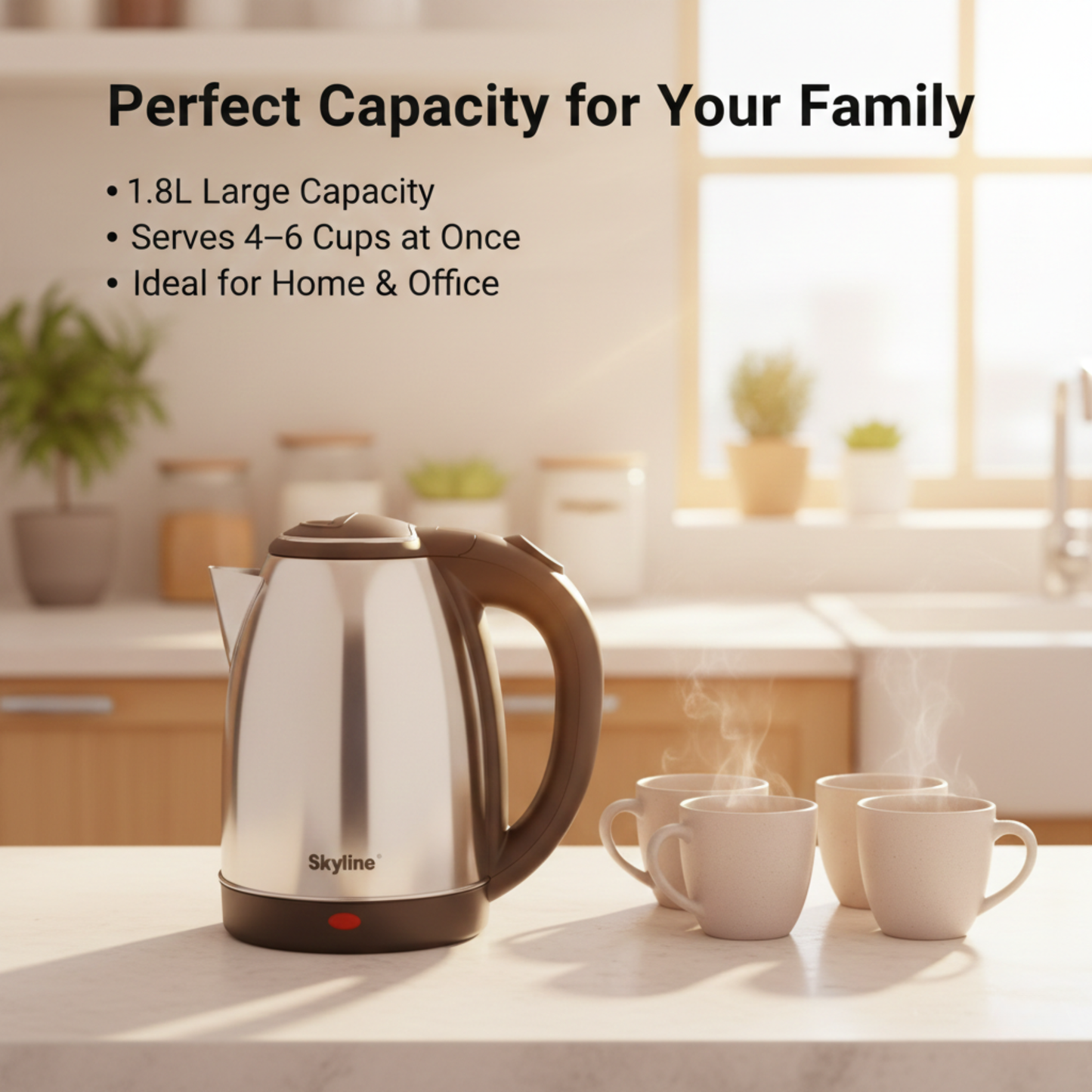 Skyline 1.8L Electric Kettle, 1500W High Capacity, Silver