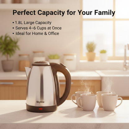Skyline 1.8L Electric Kettle, 1500W High Capacity, Silver