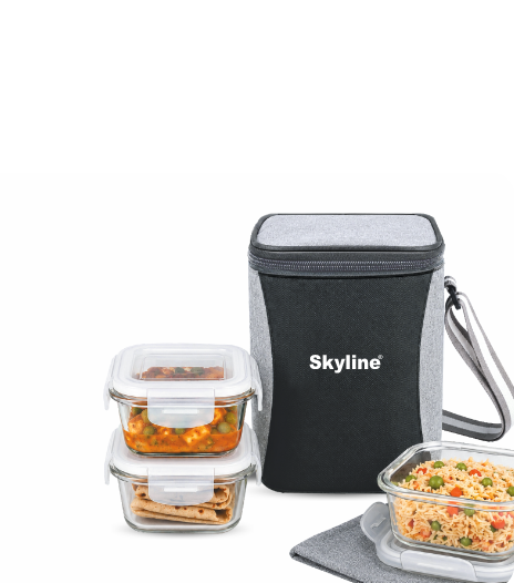 Skyline Glass Mate Lunch Box Set | 3 Borosilicate Glass Containers (320ml) with Insulated Bag