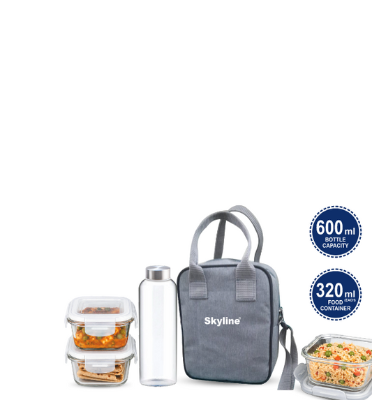 Skyline Meal Mate Glass Lunch Box Set | 3 Containers (320ml), 600ml Glass Bottle & Insulated Bag