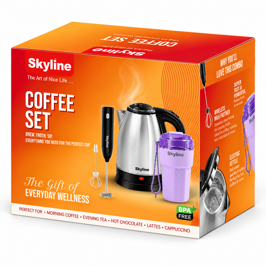 Skyline Coffee Set – 1.8L Electric Kettle + Wireless Milk Frother + 400ml Coffee Sipper