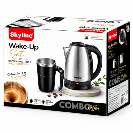 Skyline Wake-Up Set – 1.8L Electric Kettle + 400ml Automatic Coffee Mixer Cup
