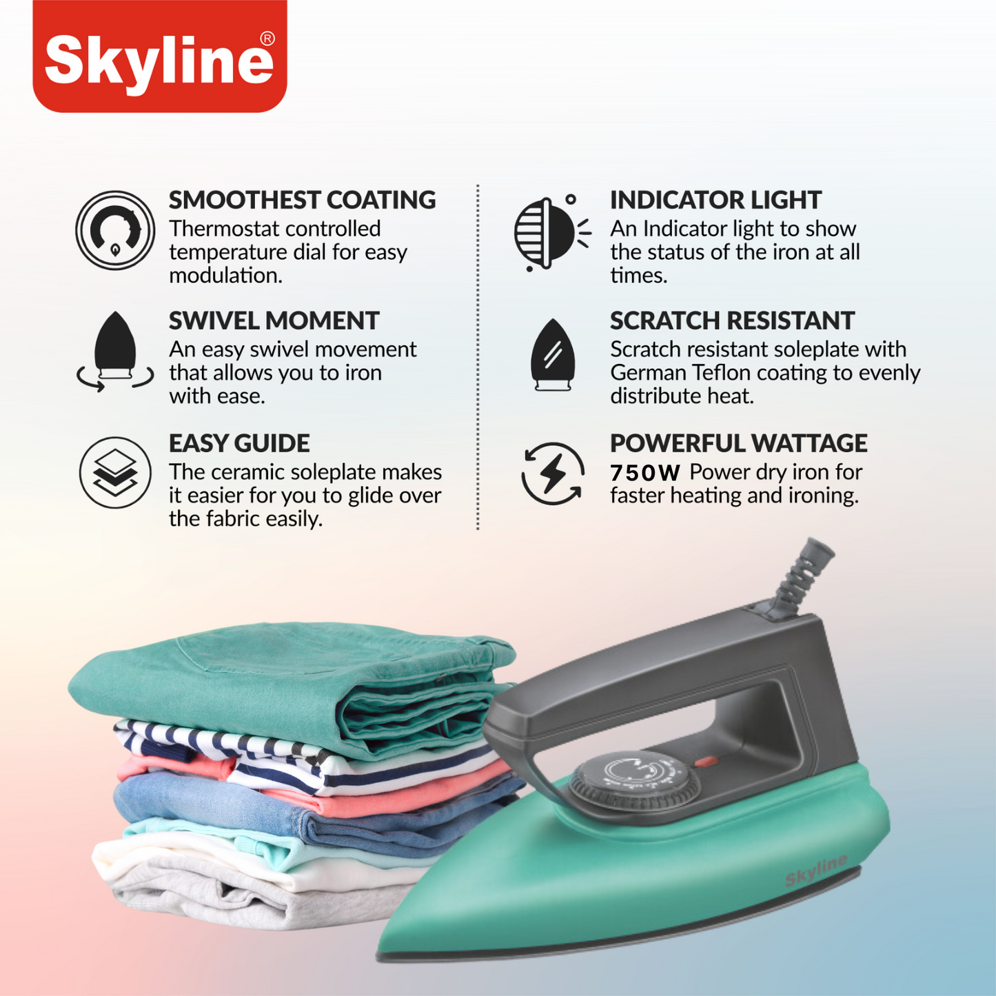 Skyline Dry Iron 750W Lightweight with Non-Stick Soleplate