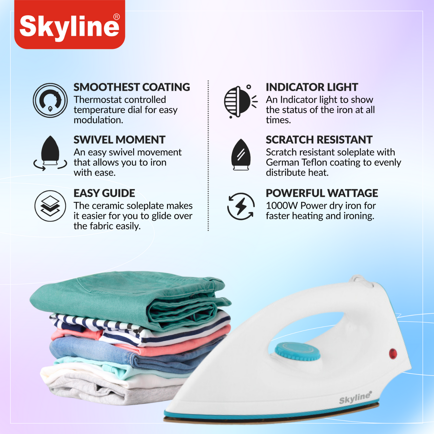 Skyline Dry Iron 1000W Lightweight with Non-Stick