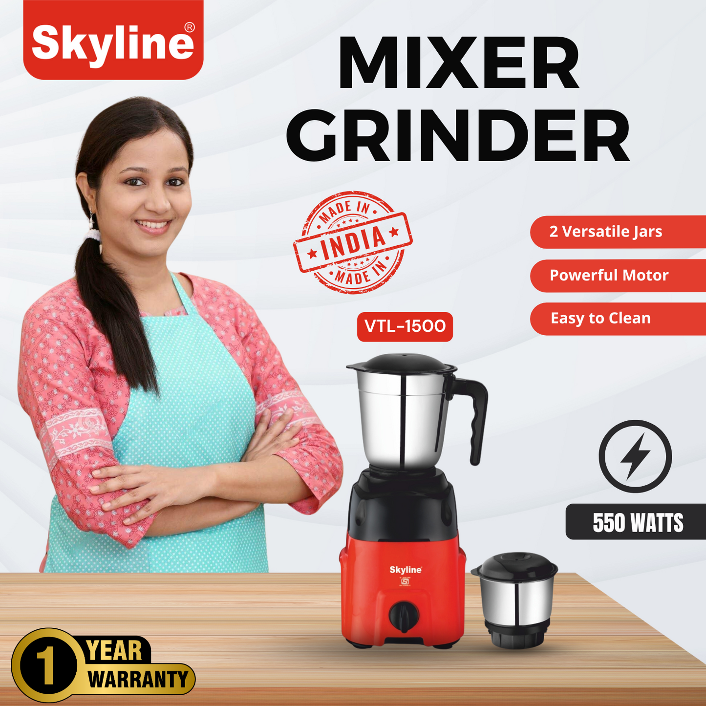 Skyline 550W Mixer Grinder with 2 Stainless Steel Jars