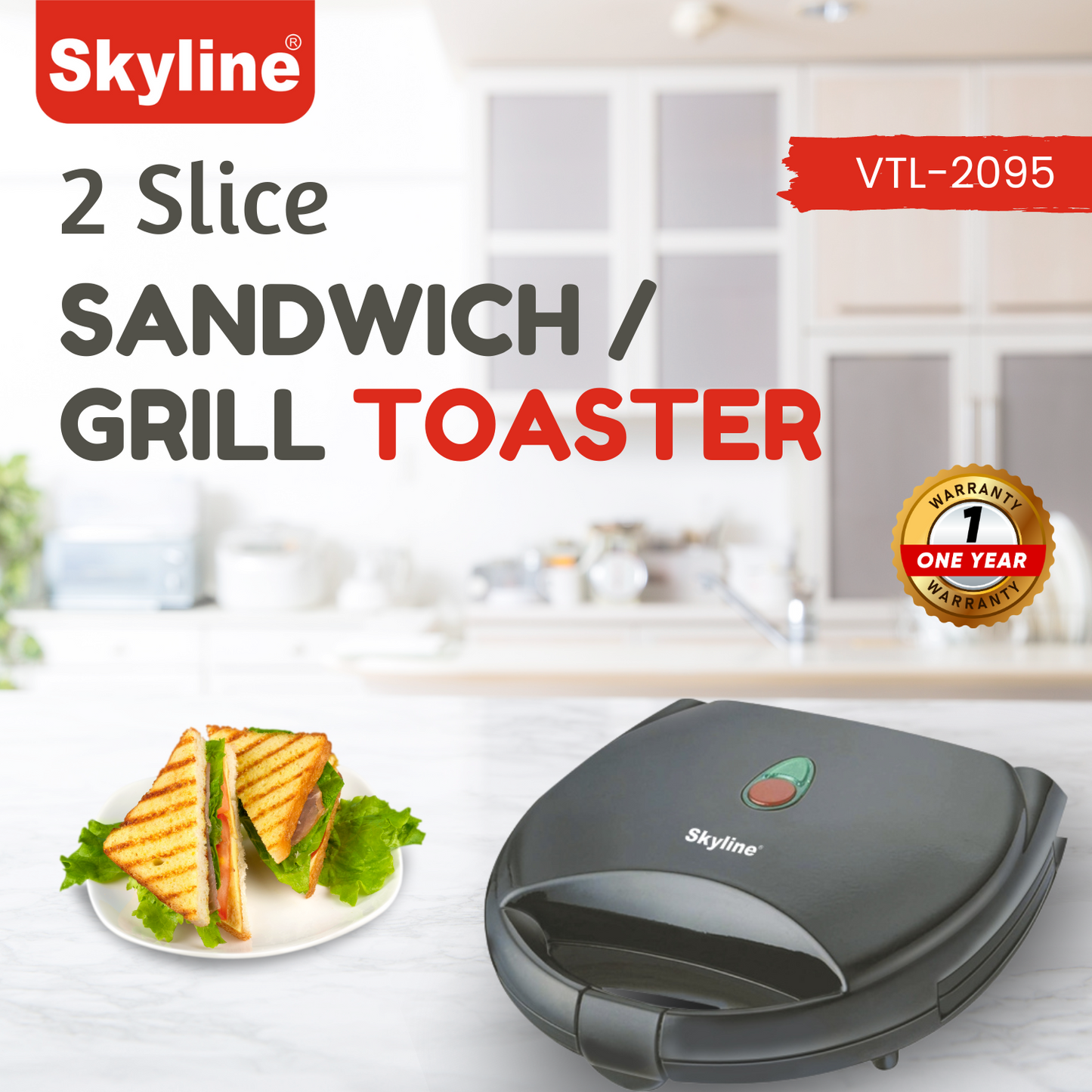 Skyline 750W 2-Slice Sandwich & Grill Toaster – Quick & Delicious Grilled Sandwiches Anytime