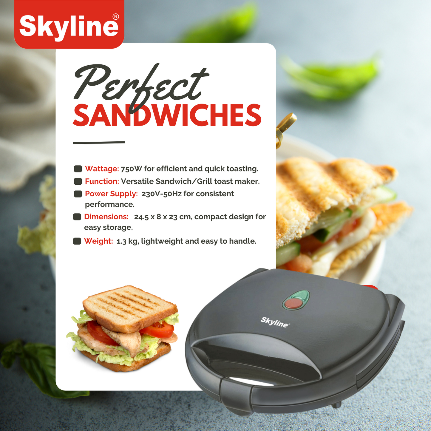 Skyline 750W 2-Slice Sandwich & Grill Toaster – Quick & Delicious Grilled Sandwiches Anytime