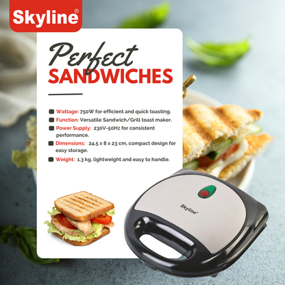 Skyline 750W 2-Slice Sandwich & Grill Toaster – Quick, Crispy, and Delicious Every Time