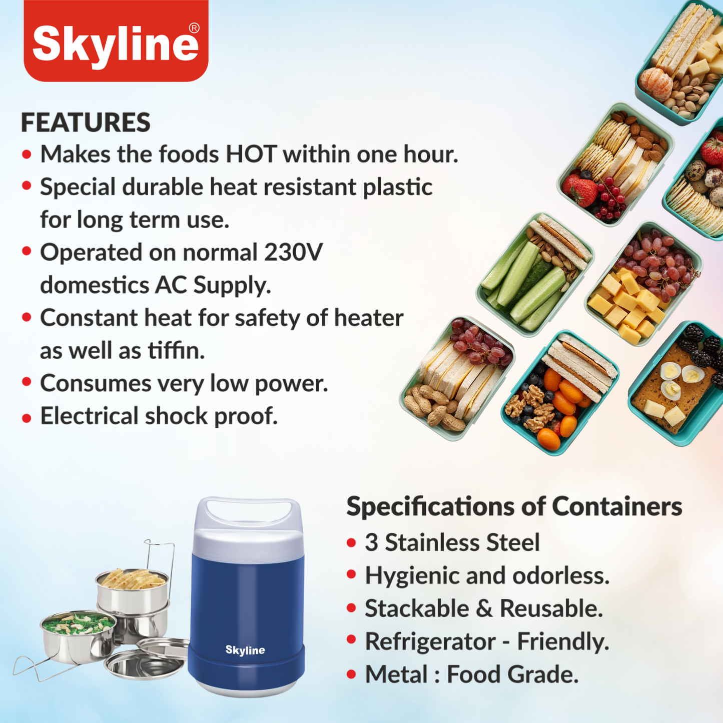 Skyline Electric Lunch Box with Stainless Steel Containers