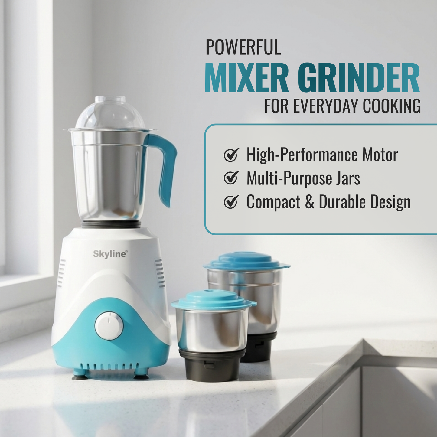 Skyline 600W Mixer Grinder with 3 Jars – Power-Packed Performance, Made in India