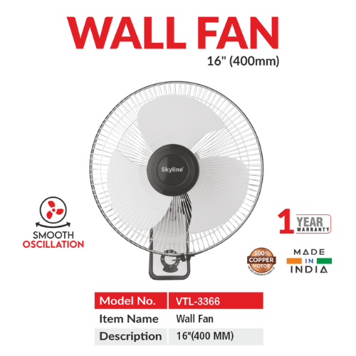 Skyline 16" Wall Fan | 100% Copper Motor | 2400 RPM High Speed | Adjustable Tilt & Oscillation - Skyline Appliances