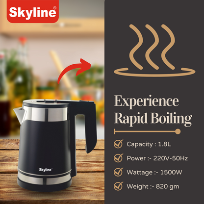 Skyline Double Wall Electric Kettle 1500W 1.8L – Efficient Boiling with Superior Insulation