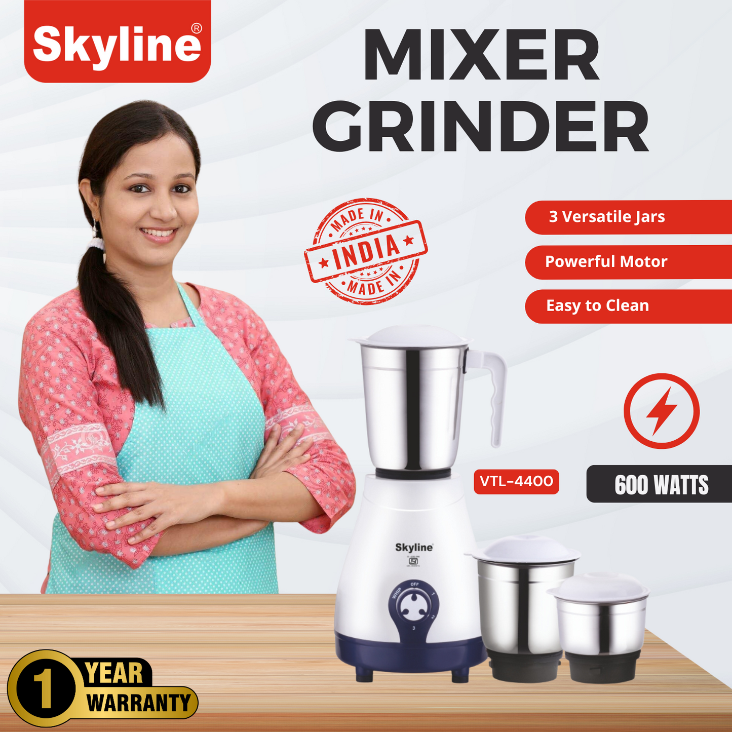 Skyline 600W Mixer Grinder with 3 Jars | Heavy-Duty Kitchen Performer