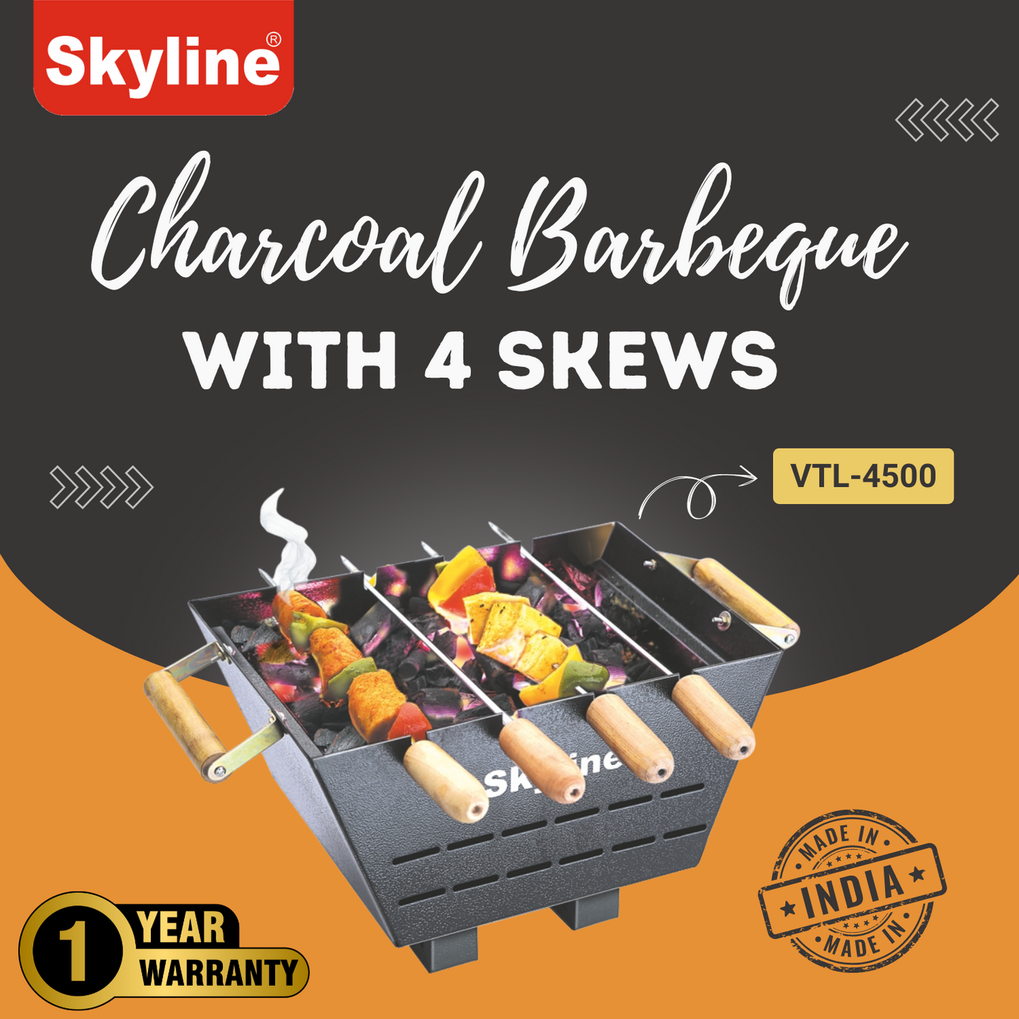 Skyline Charcoal Barbeque with 4 Skews - Compact and Durable Outdoor Grill for Smoky Flavors