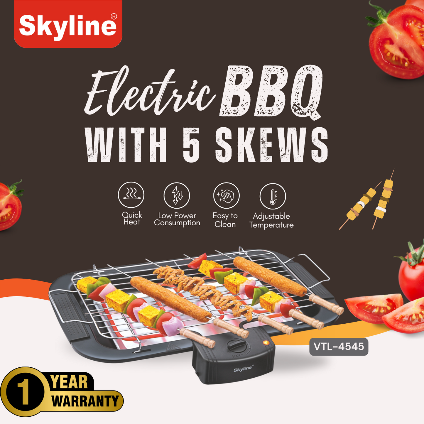 Skyline 2000W Electric Barbecue Grill with 5 Skewers | Portable & Energy-Efficient Grilling