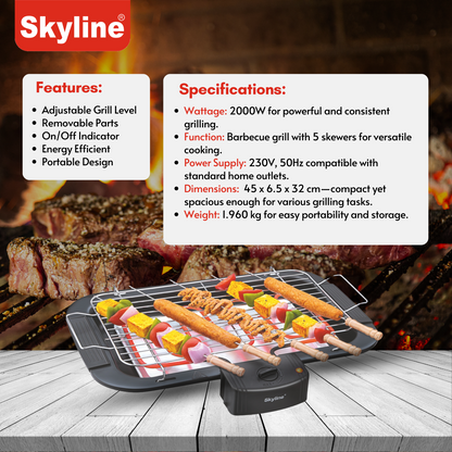 Skyline 2000W Electric Barbecue Grill with 5 Skewers | Portable & Energy-Efficient Grilling