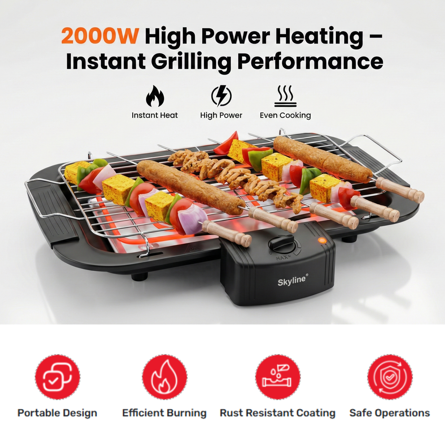 Skyline 2000W Electric Barbecue Grill with 5 Skewers | Portable & Energy-Efficient Grilling