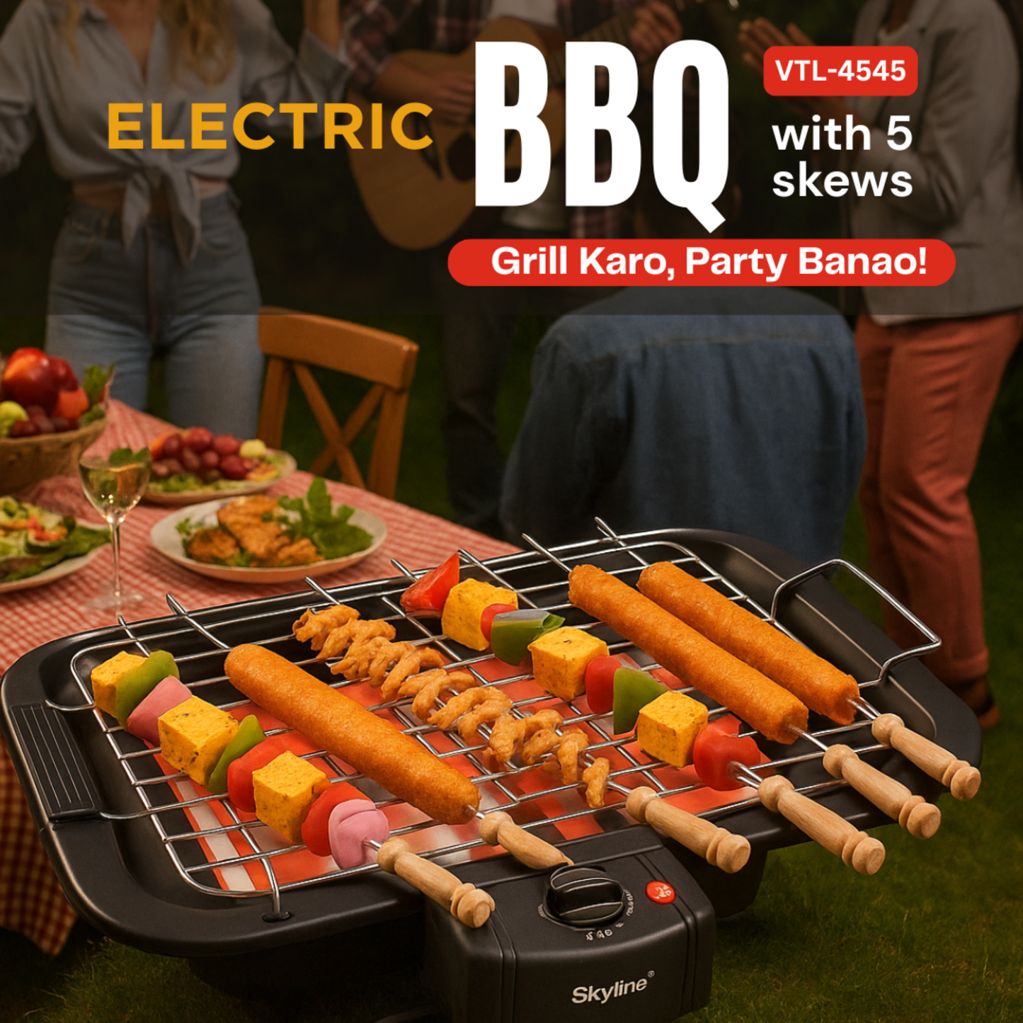 Skyline 2000W Electric Barbecue Grill with 5 Skewers | Portable & Energy-Efficient Grilling