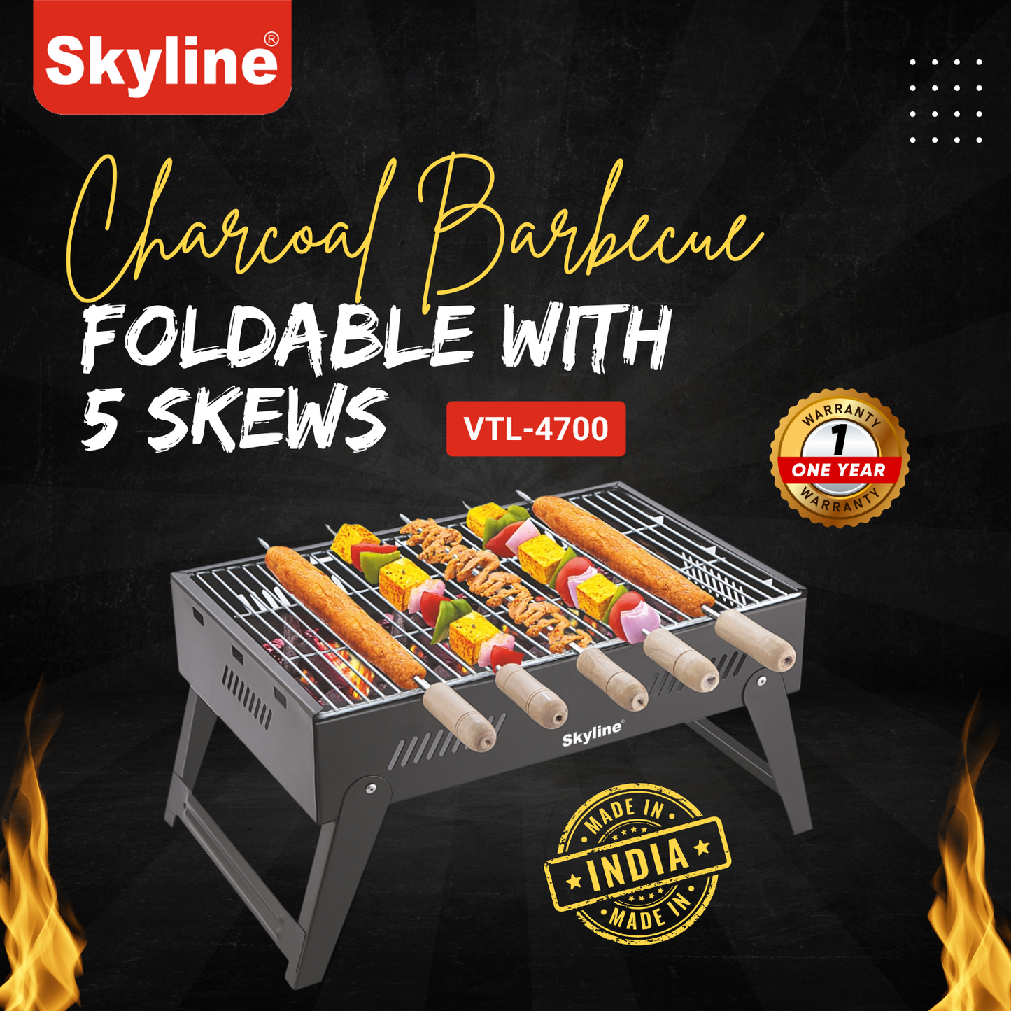 Skyline Foldable Charcoal Barbeque with 5 Skews - Portable Grill for Perfect Outdoor Cooking