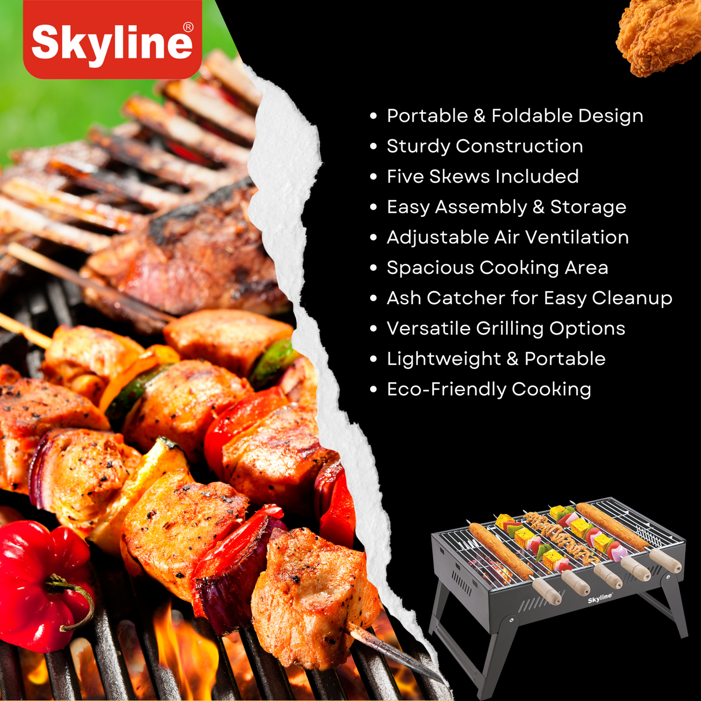Skyline Foldable Charcoal Barbeque with 5 Skews - Portable Grill for Perfect Outdoor Cooking