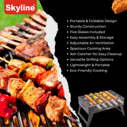Skyline Foldable Charcoal Barbeque with 5 Skews - Portable Grill for Perfect Outdoor Cooking