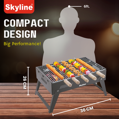 Skyline Foldable Charcoal Barbeque with 5 Skews - Portable Grill for Perfect Outdoor Cooking